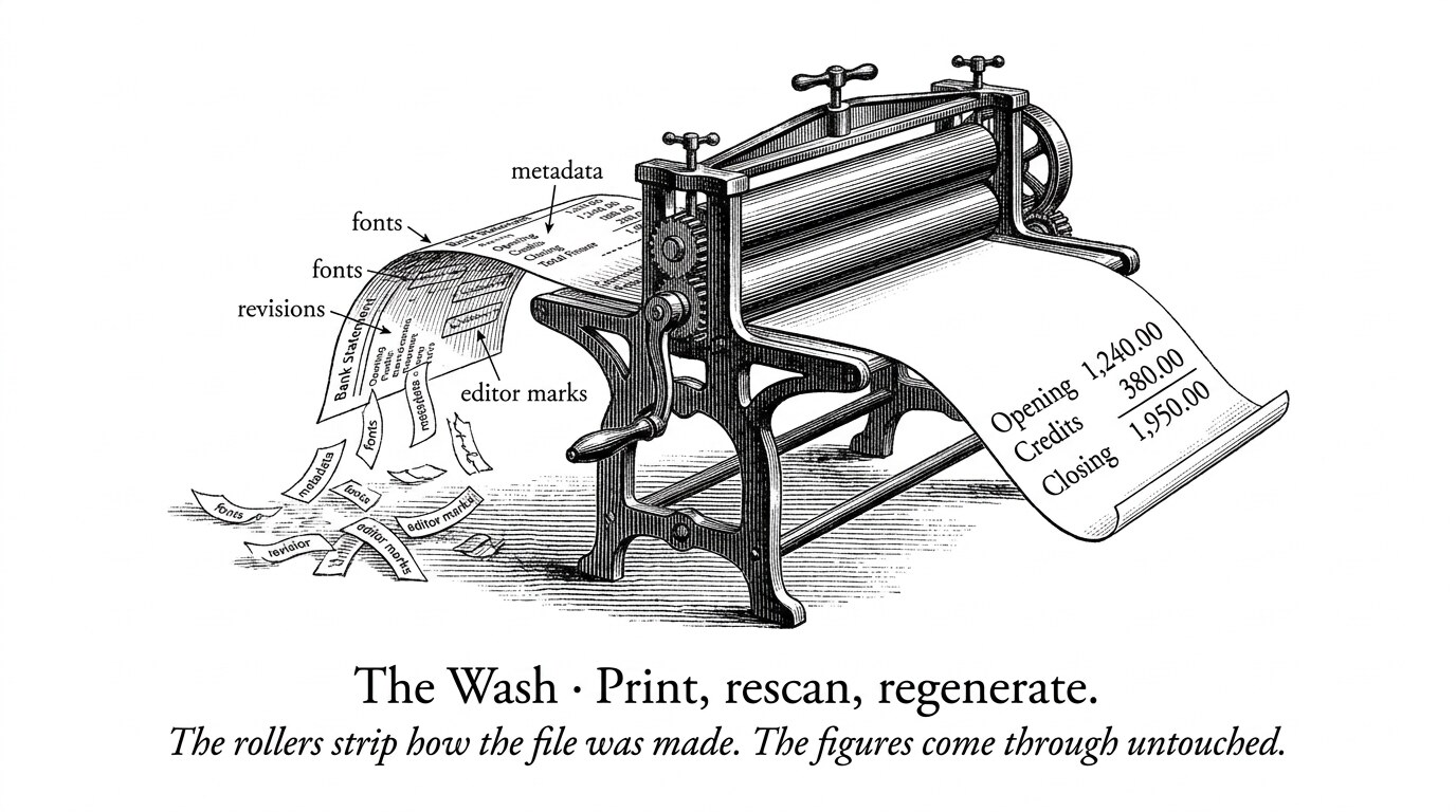 The wash: print, rescan, regenerate. The rollers strip how the file was made; the figures come through untouched.
