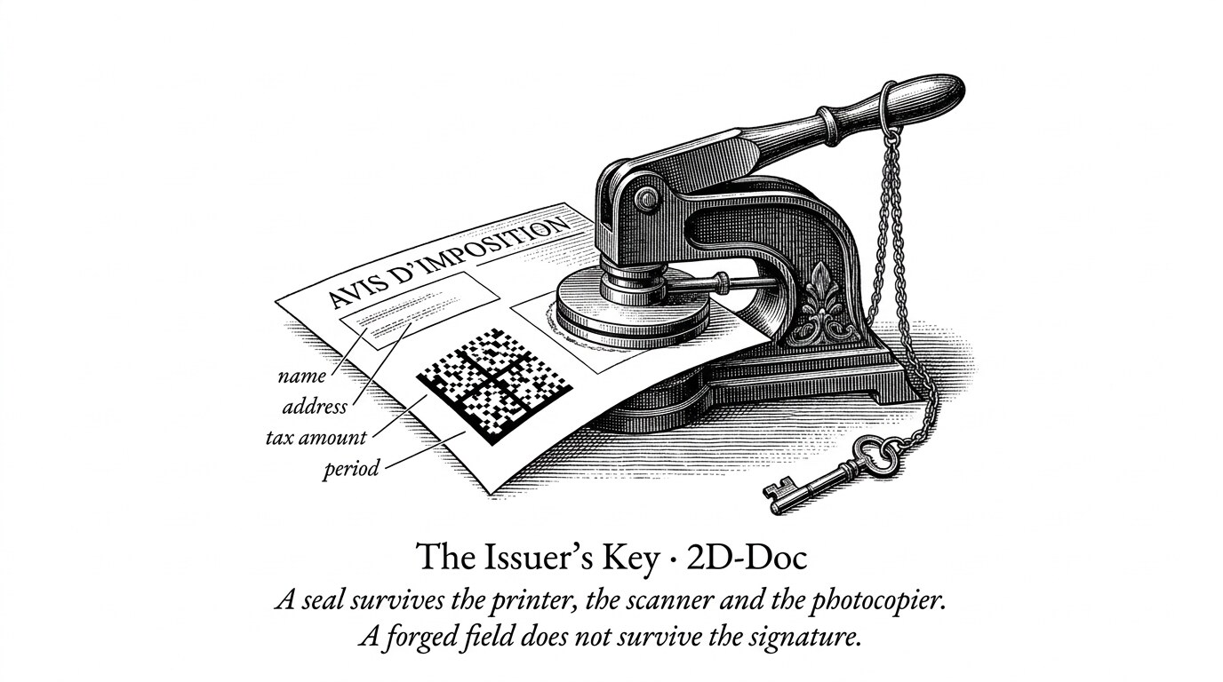 The issuer's key: a 2D-Doc seal survives the printer, the scanner and the photocopier.