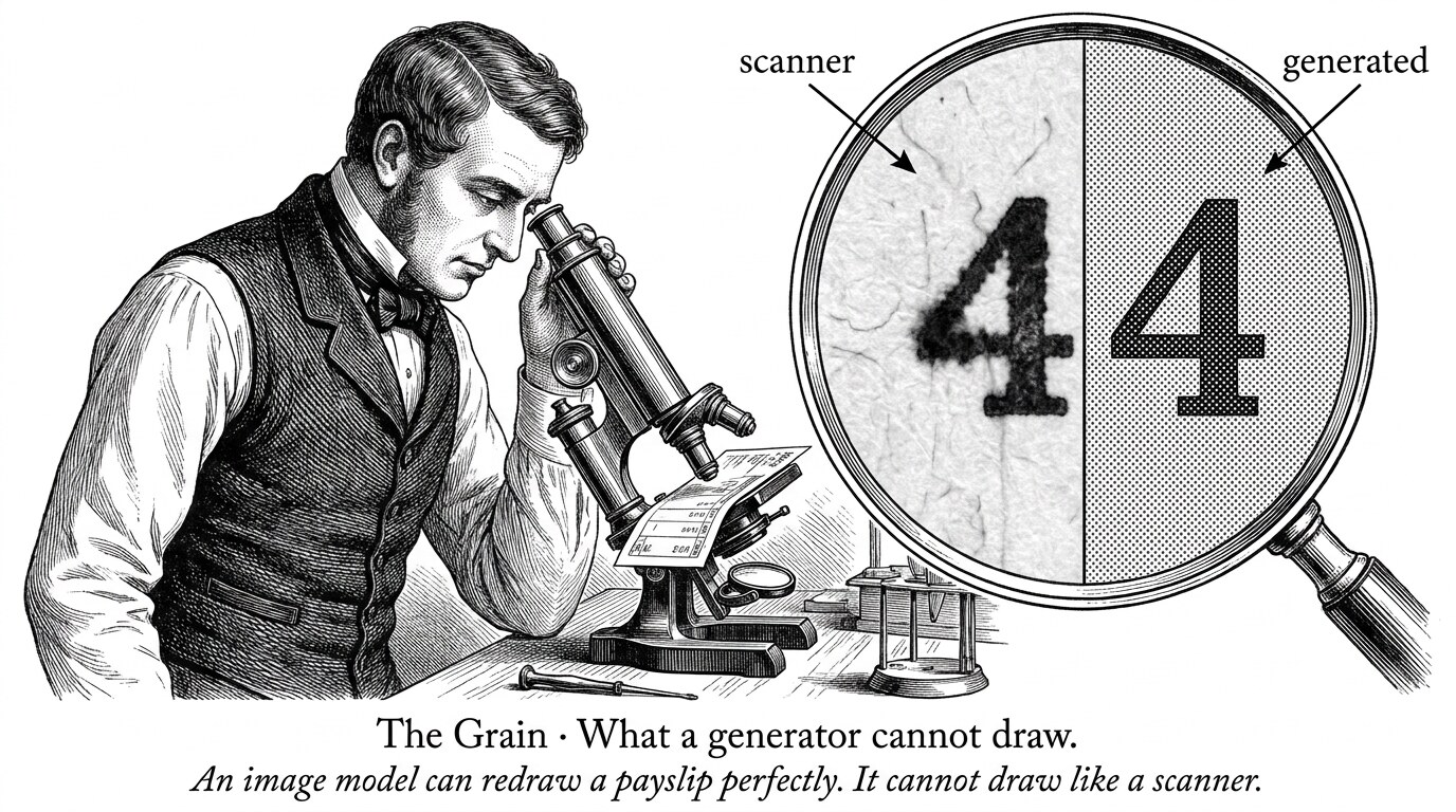 The grain: an image model can redraw a payslip, down to the scanner's grey. It cannot reproduce how a scanner draws.