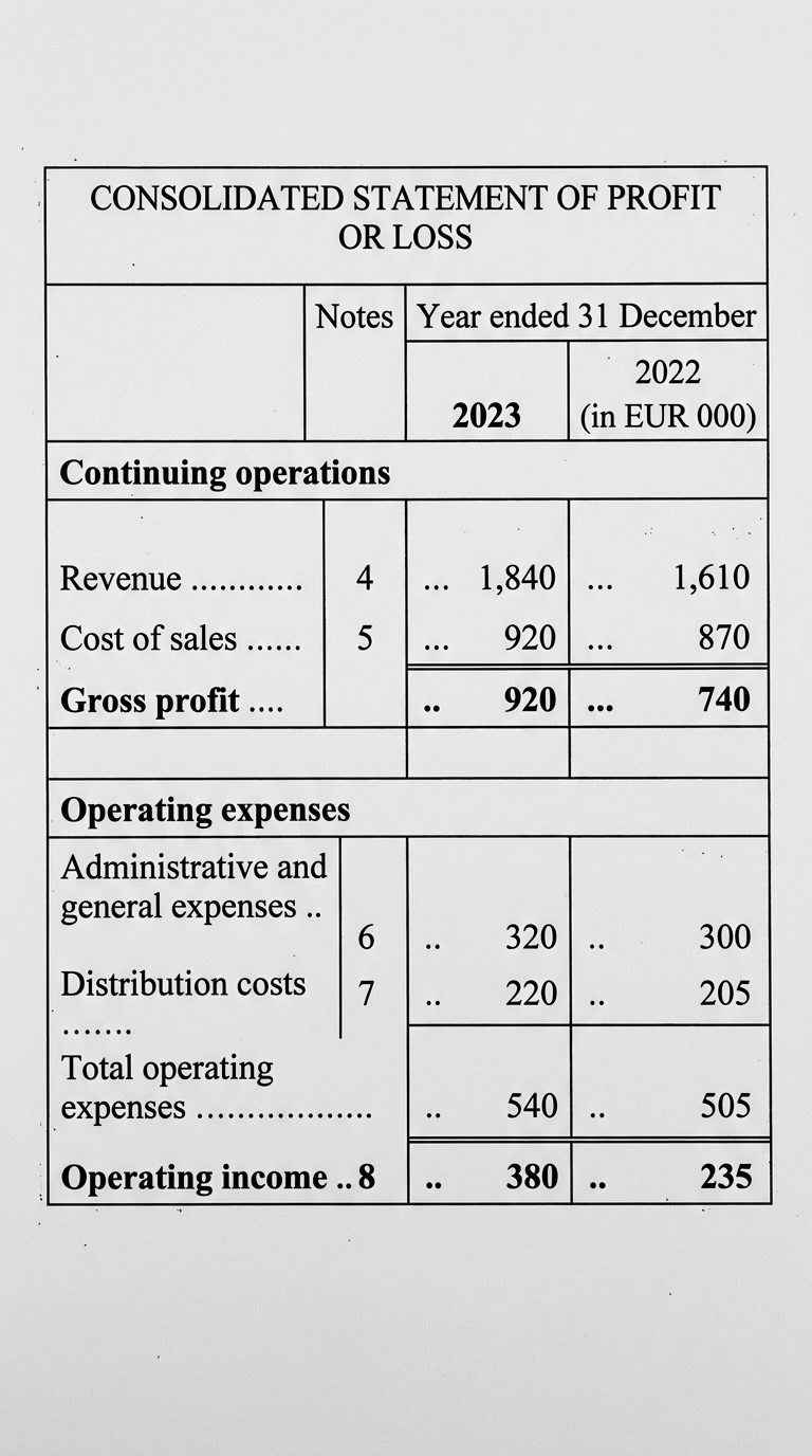 Scanned consolidated statement of profit or loss with a merged Year ended 31 December header spanning the 2023 and 2022 columns, a notes column, and grouped sections