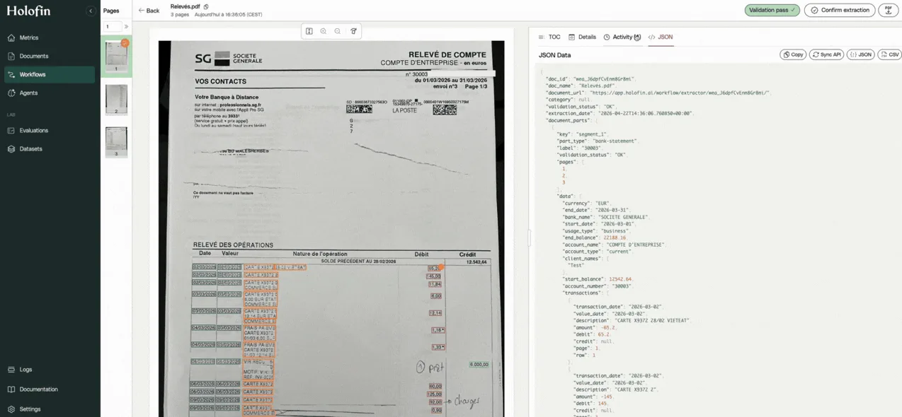 Holofin review screen: a bank statement PDF with each transaction boxed, next to the extracted JSON and a passed validation