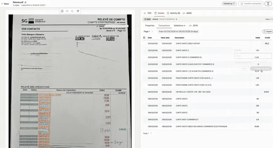 Holofin review screen: statement page with boxed transactions next to the extracted rows