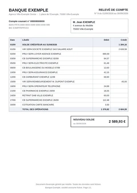 A synthetic bank statement from Banque Exemple, closing balance 2,589.93 euros
