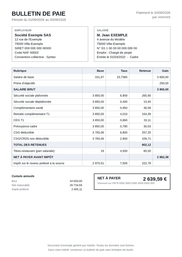The original synthetic payslip, net pay 2,639.59 euros